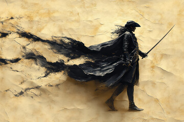 Minimalist illustration of a musketeer silhouette, with flowing cape and rapier, set against a parchment background,