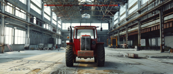 Fototapeta premium A solitary red tractor stands proudly in the middle of a vast, industrial warehouse, emphasizing its strength and durability in the expansive, empty space.