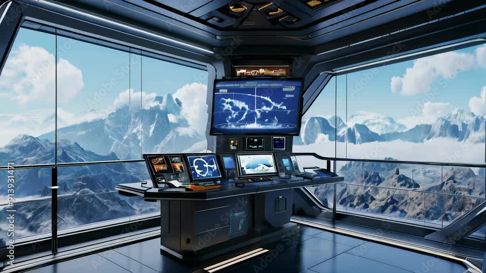 Poster experience a high-tech command center with stunning mountain views, featuring advanced screens and c