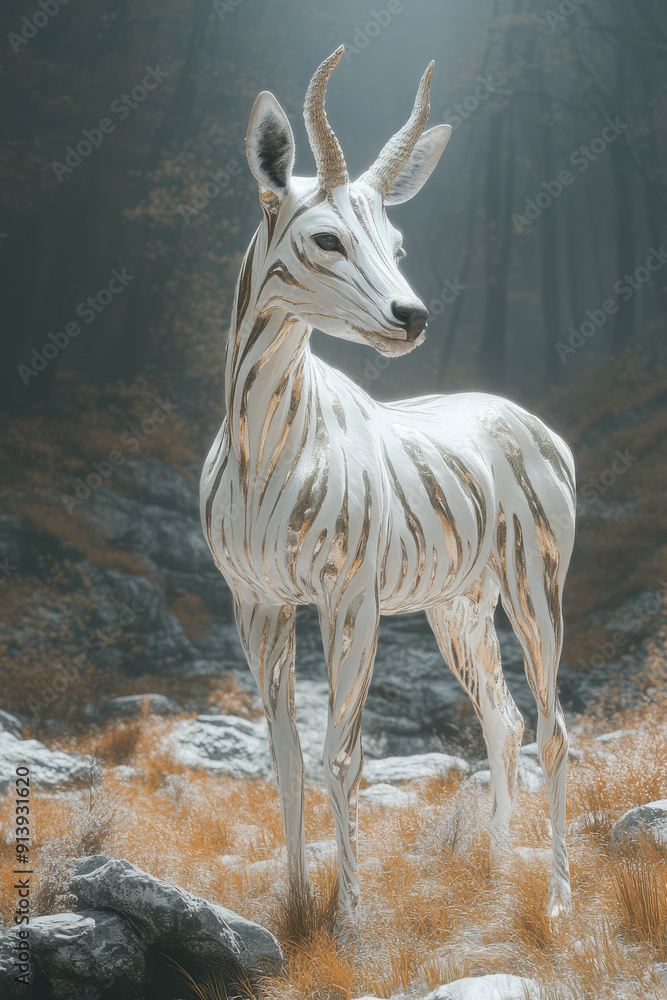 Poster artistic rendering of 3d animals in bright tones, standing on a simple grass background,