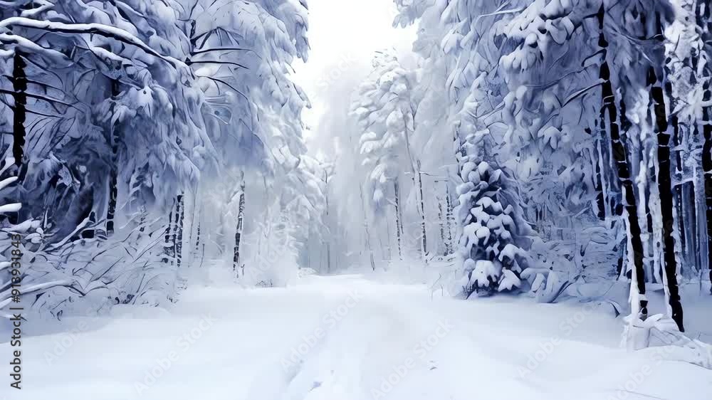 Aufkleber video of snowy forest with a road running through it. the snow is deep and the trees are bare