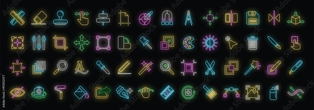 Poster editing tools icons set outline vector. video create. editor tool neon color on black