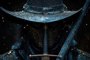 Minimalist design of musketeers' plumed hats and rapiers crossed, set against a simple, elegant background.