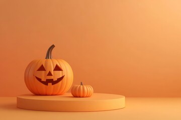 Halloween with pumpkin and empty minimal podium pedestal product display for product placement background 3d illustration with generative ai