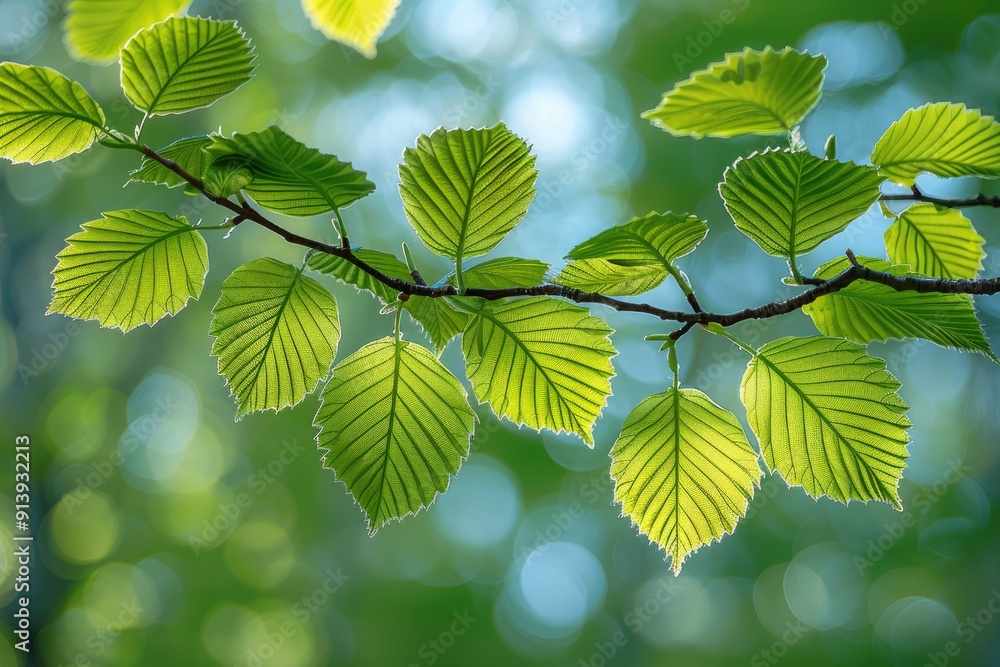 Poster close-up of green leaves on a branch with a bokeh background