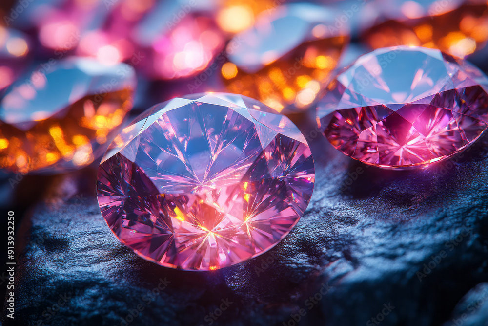 Poster clean and modern composition of 3d diamonds in vibrant colors on a smooth stone background,