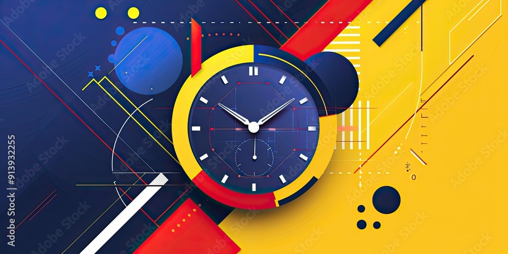 Poster abstract clock with colorful geometric shapes.