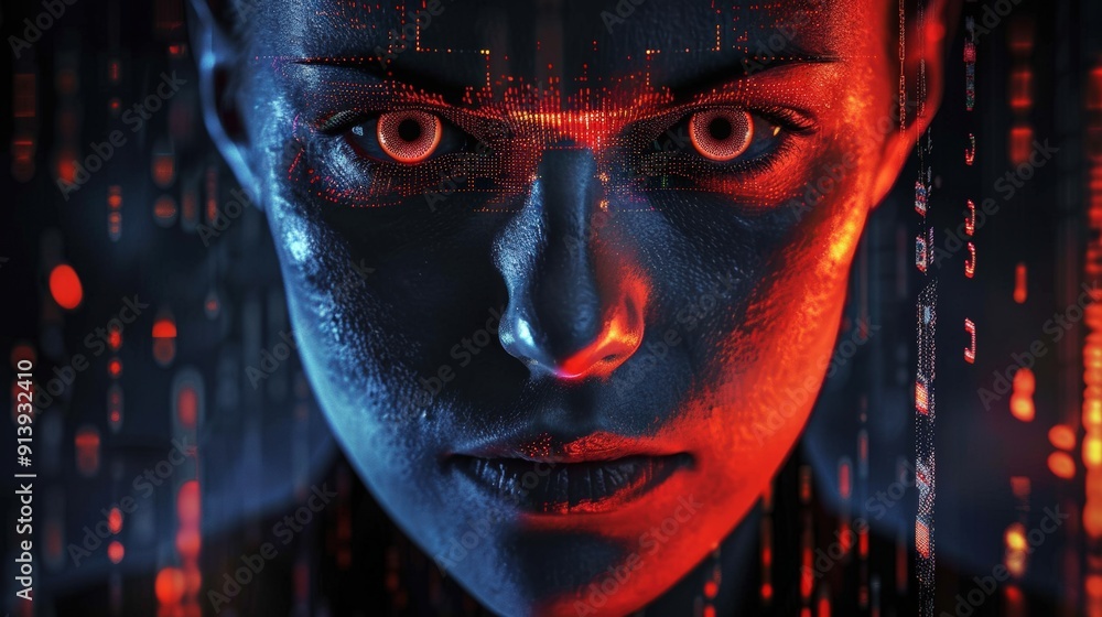 Poster close-up portrait of a woman's face illuminated with red digital patterns, emphasizing her eyes and 