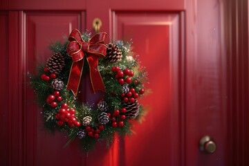 A wreath of pine cones and berries is hanging on a red door