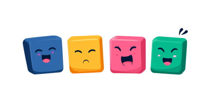 Four large colored cubes, each demonstrating a separate emotion, isolated on a white background.