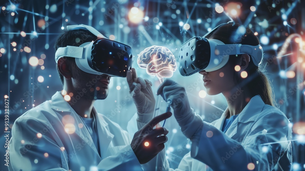 Poster scientists collaborate using virtual reality technology to explore neural connections in a laborator
