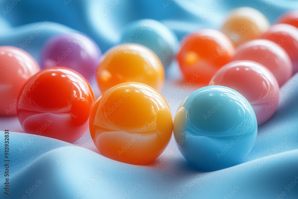 Poster elegant scene of colorful 3d spheres rolling on a smooth fabric surface,