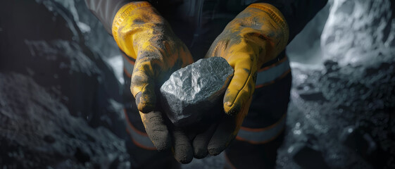Hands in rugged gloves holding a rough, dark rock against a mining backdrop, symbolizing hard work and raw materials.
