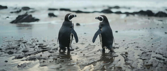 Two penguins stand facing each other on a rocky shore by the ocean, displaying a moment of connection.