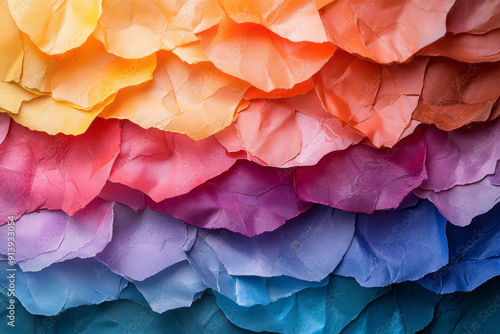 Poster artistic depiction of layered wax paper in vibrant colors, creating a mosaic-like abstract pattern,