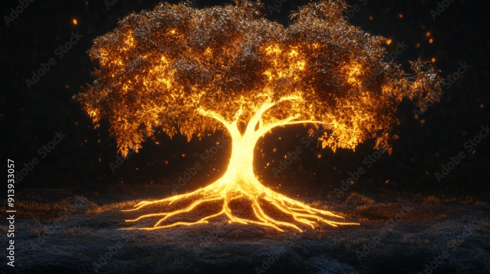 Poster glowing 3d tree with illuminated leaves and roots against a dark background, emphasizing life and en