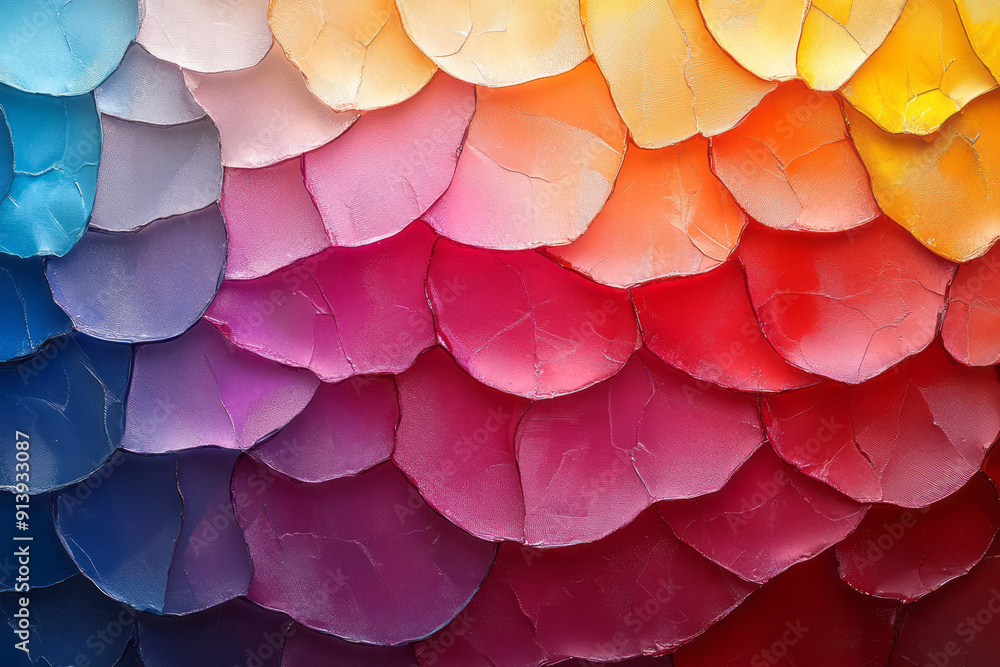 Poster artistic depiction of layered wax paper in vibrant colors, creating a mosaic-like abstract pattern,