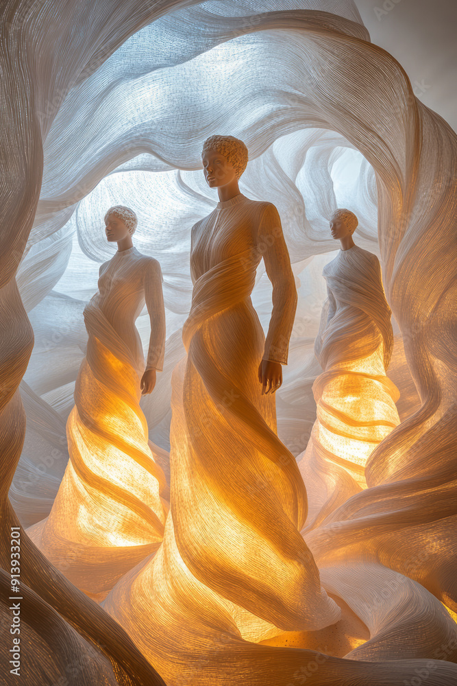 Poster abstract art of a designer and mannequin surrounded by swirling patterns of fabric and light,