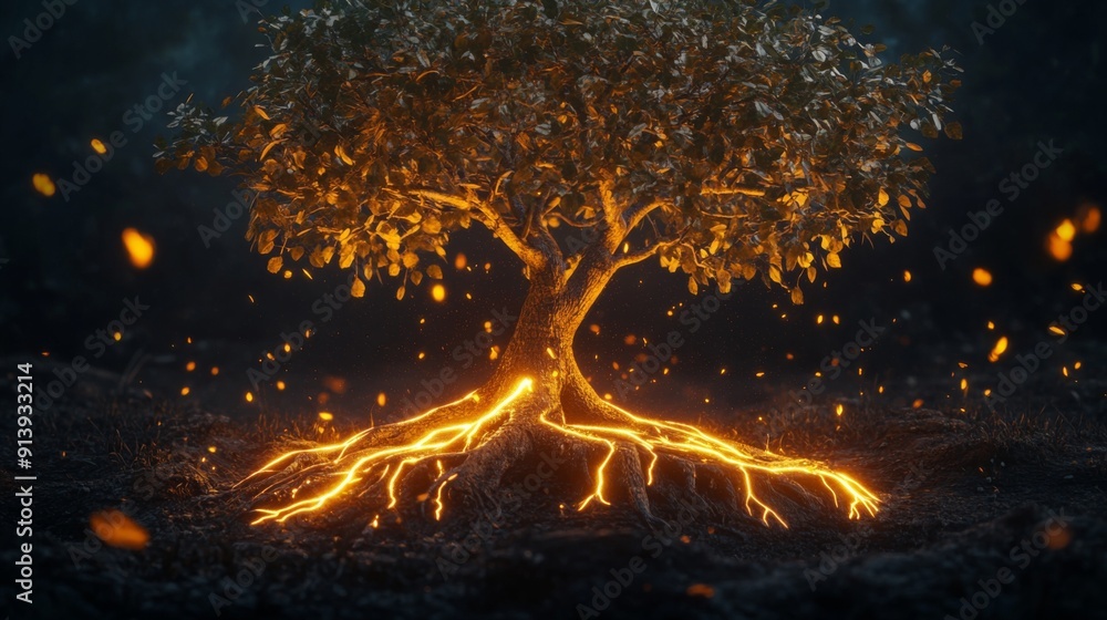 Aufkleber glowing 3d tree with illuminated leaves and roots against a dark background, emphasizing life and en