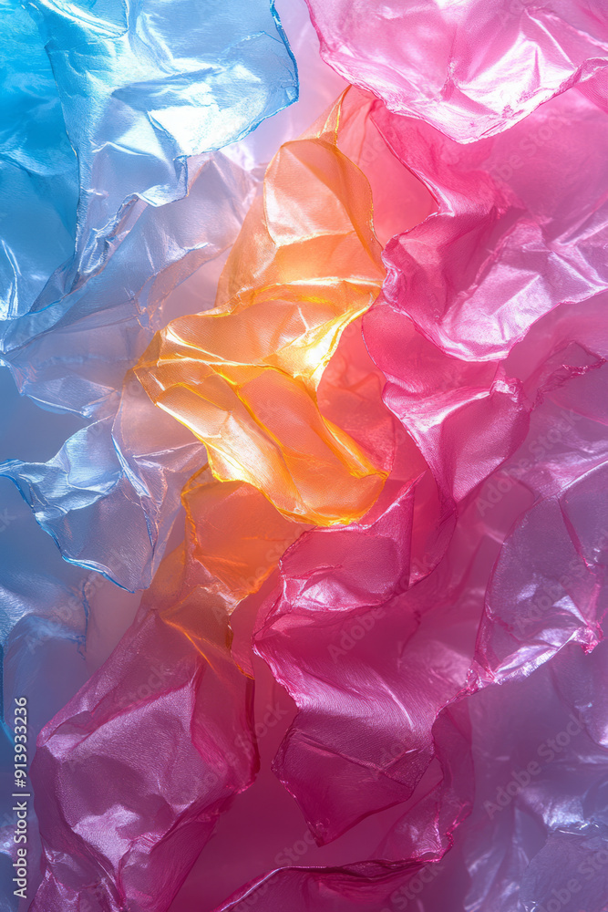 Aufkleber minimalist design featuring crumpled wax paper in neon tones, arranged in a dynamic composition,