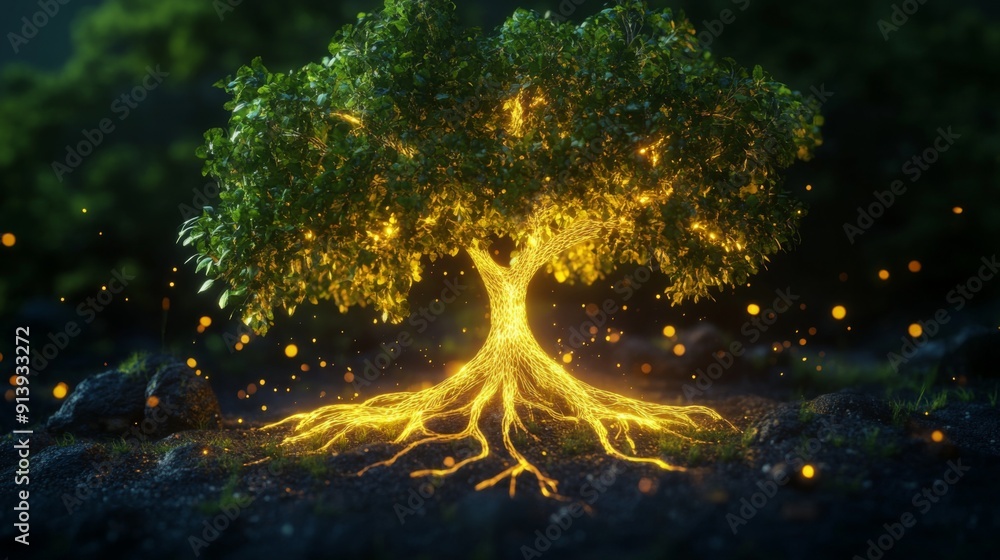 Poster glowing 3d tree with illuminated leaves and roots against a dark background, emphasizing life and en