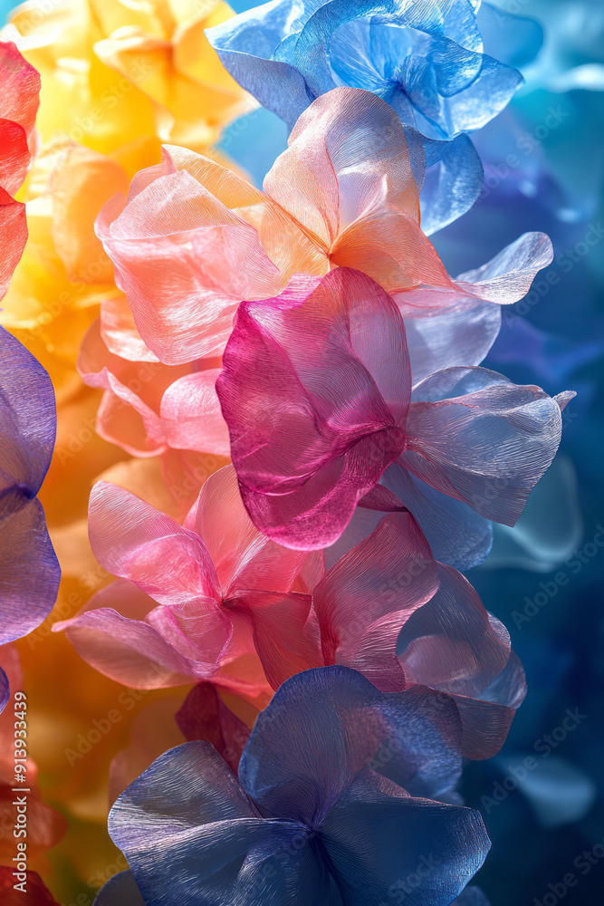 Aufkleber whimsical scene with wax paper in bright colors, cut into playful shapes and scattered randomly,