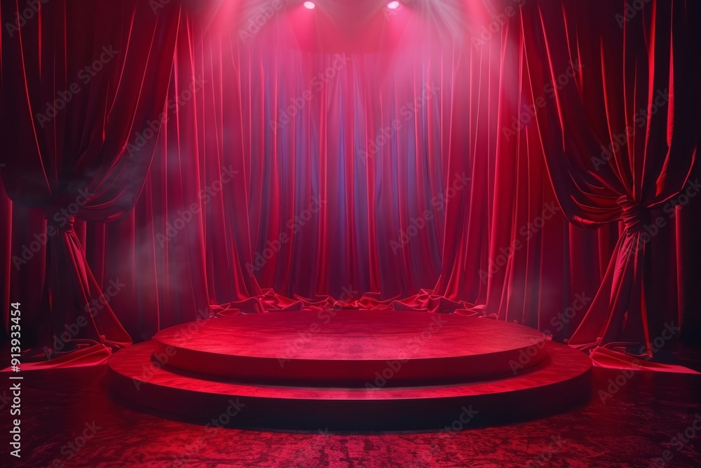 Poster empty illuminated stage with red curtains