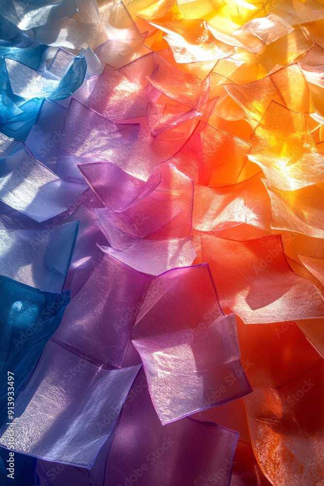 Poster whimsical scene with wax paper in bright colors, cut into playful shapes and scattered randomly,