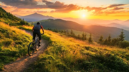 Obraz premium A mountain biker navigates a winding trail with lush greenery, enjoying the vibrant sunset surrounded by majestic mountains and panoramic views