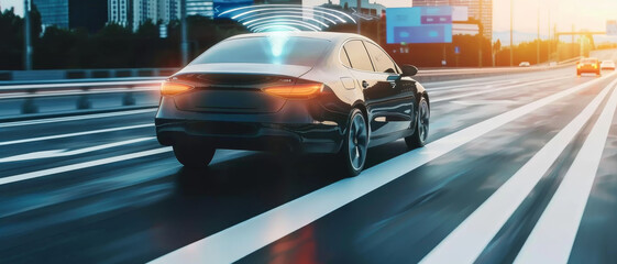 A sleek, modern car with autonomous driving technology cruises smoothly on a highway at sunset, showcasing its futuristic features.