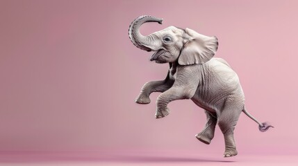 A Young Elephant Leaps with Joy and Energy, Its Trunk Raised in a Playful Gesture Against a Delicate Pink Background