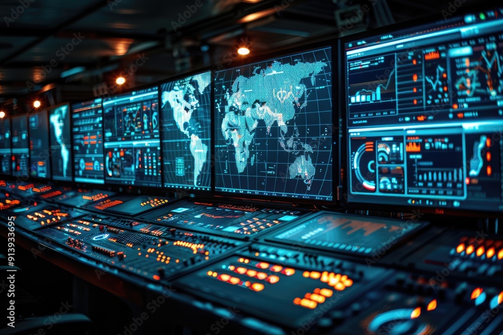 Poster control room with monitors displaying world map and data