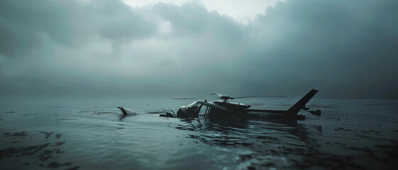 A broken helicopter partially submerged in a misty, desolate landscape, evoking a sense of mystery and drama in the raven atmosphere.