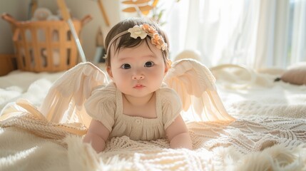 Fototapeta premium Adorable Baby Girl with Angel Wings Lying on a White Blanket in a Sunlit Room