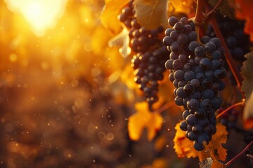 Ripe grapes hanging on vine with golden sunset light in autumn vineyard