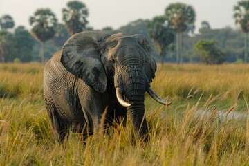 Fototapeta premium Elephant in tall grass with blurred palm trees in the background