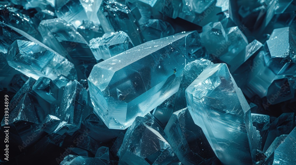 Poster close-up macro photography of a cluster of blue crystals with sharp edges and facets, capturing a sp