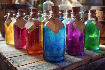 A row of colorful bottles with flowers on them sit on a table