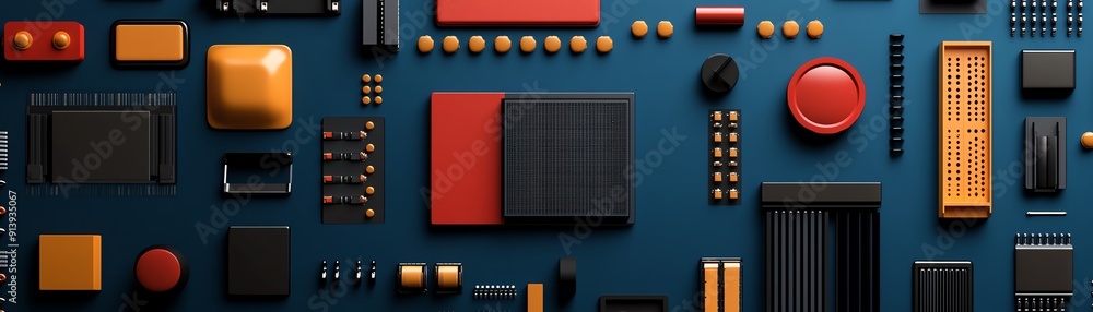 Poster computer motherboard flat design top view hardware core theme cartoon drawing triadic color scheme