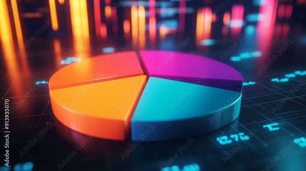 Poster glowing segments in a radiant 3d financial pie chart, emphasizing data analysis.