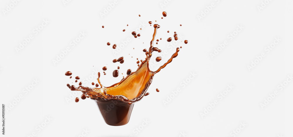 Poster splashing brown liquid from a cup creating dynamic patterns on a white background
