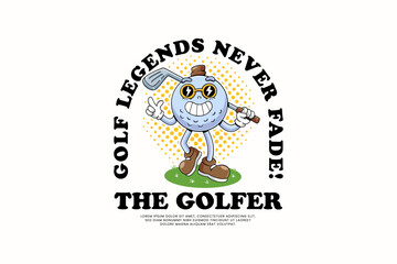 golf ball retro cartoon character mascot illustration wearing a hat and sunglasses with walking pose and holding  stick golf on green field for golf club and tournament mascots and merchandise