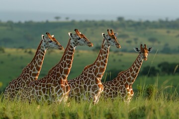 Obraz premium Four Giraffes Grazing in a Green Meadow