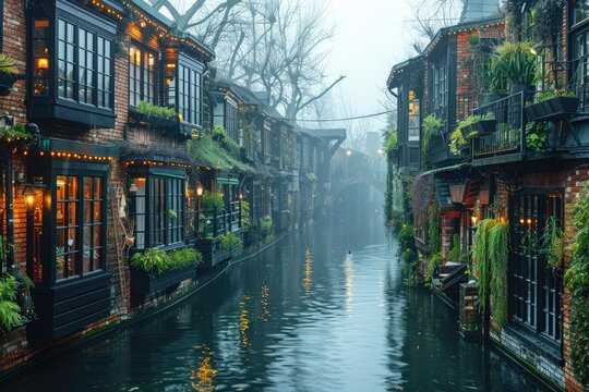 Foggy Canal Scene with Brick Buildings and Lush Greenery