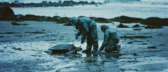 Two people in green suits attending to a sea turtle on a beach during a hazy, overcast day, symbolizing dedication to marine life protection.