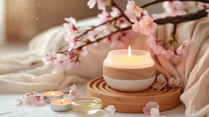 Scented Candle, Flowers, and Candles on a White Fabric Background