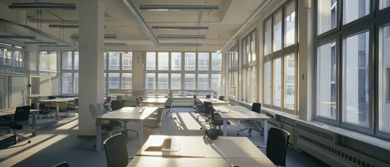 Fototapeta premium A spacious, sunlit office with rows of desks and large windows, fostering a productive and open work environment.