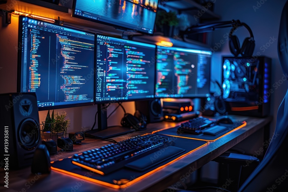 Poster gaming setup with multiple monitors code and rgb lighting