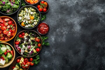 Assortment of healthy food dishes. Top view. Free space for your text , ai