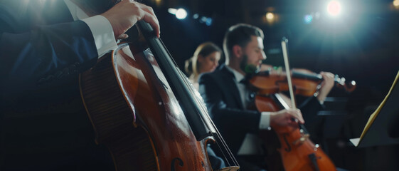 Fototapeta premium Musicians passionately perform with violins in a dimly lit concert hall, highlighting the elegance and intensity of a live orchestral performance.